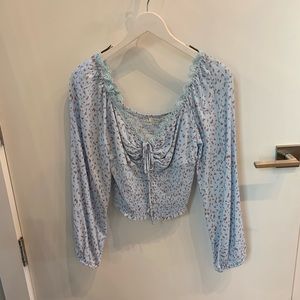 LONG SLEEVE LIGHT BLUE SYNCHED LACE DETAIL BLOUSE